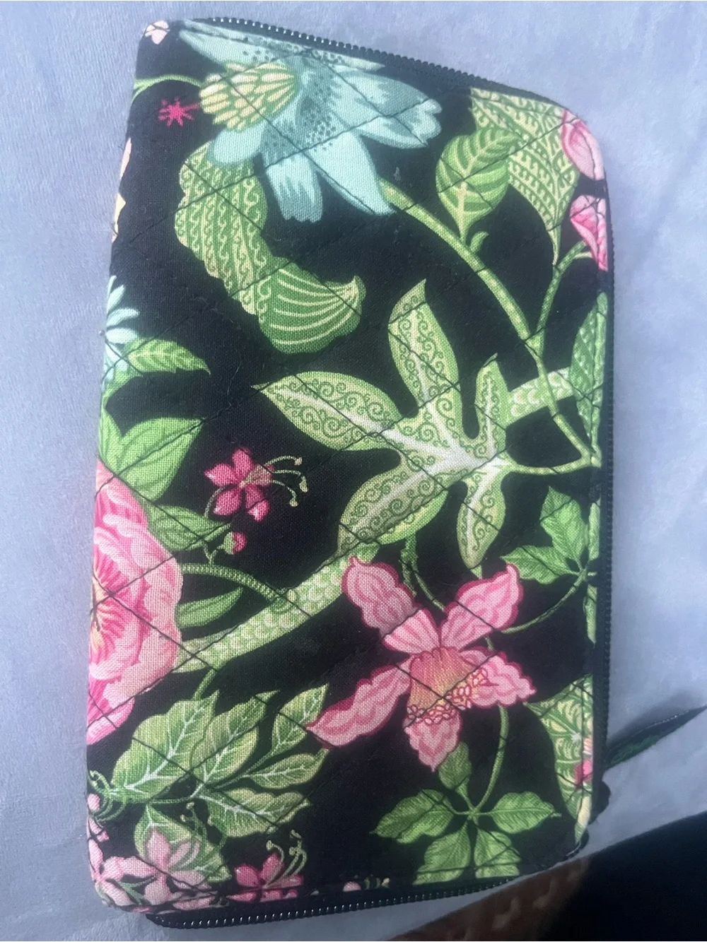 Vera Bradley Black Floral Zip Cosmetic Pouch with Pink & Green Blooms-Retired